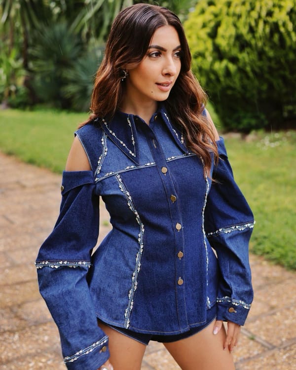 Blue Embellished Denim Jacket with Cinched Waist — MANVI DAGA STUDIO