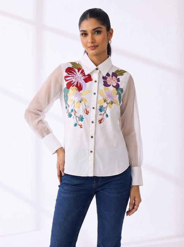 White Floral Applique Sheer Sleeve Cotton Shirt — RUCHIKA MALLIKA LABEL