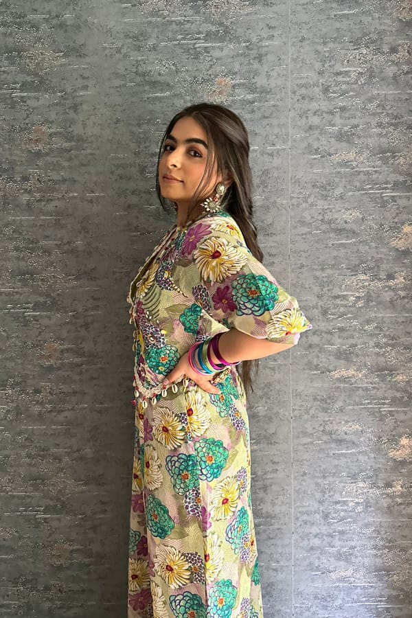 Beige Floral Embellished Co-ord Set with Skirt-Effect Pants — BUMBLEBEE