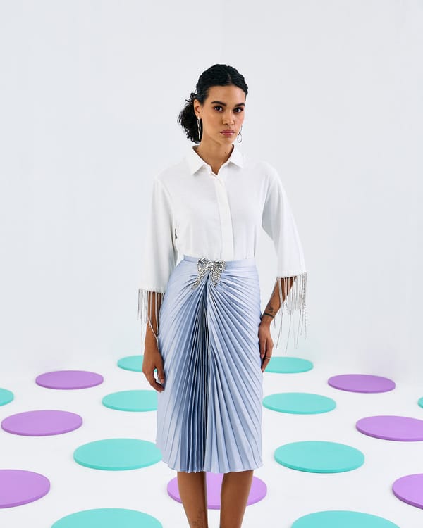 Silver Draped Pleated Midi Skirt with Rhinestone Brooch — Pleats by Aruni