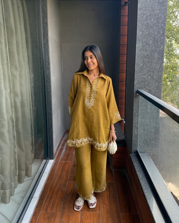 Golden Mustard Cotton Linen Co-ord Set with Dori Embroidery — HAPPI SPACE