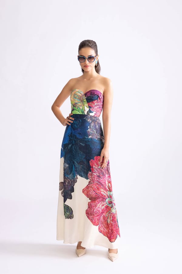 Multi Daisy Placement Print Strapless Maxi Dress — Saaksha and Kinni