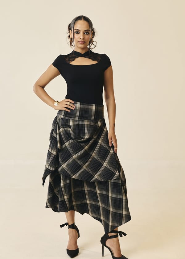 Marcella Plaid Draped Asymmetric Skirt — Lea Clothing