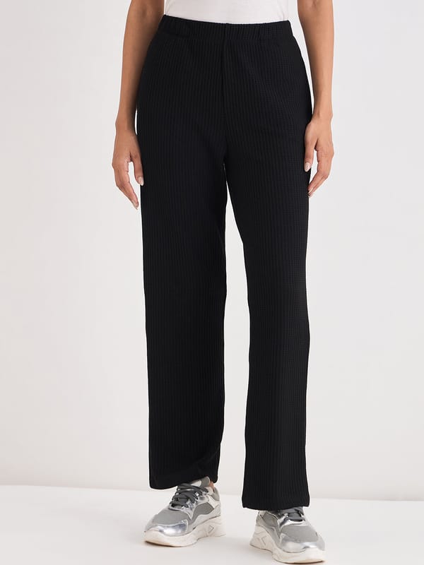 Black Waffle Knit Straight Pants — Femmella