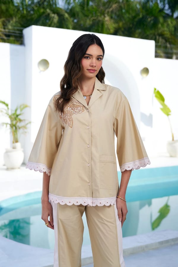 Beige Cotton Embroidered Button-Down Shirt — STITCH STORIES