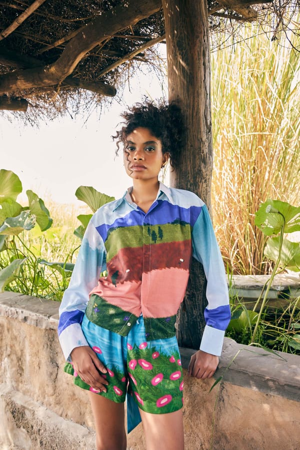 Multicolor Abstract Colorblock Printed Cotton Linen Shirt — Zip by Payal Zinal