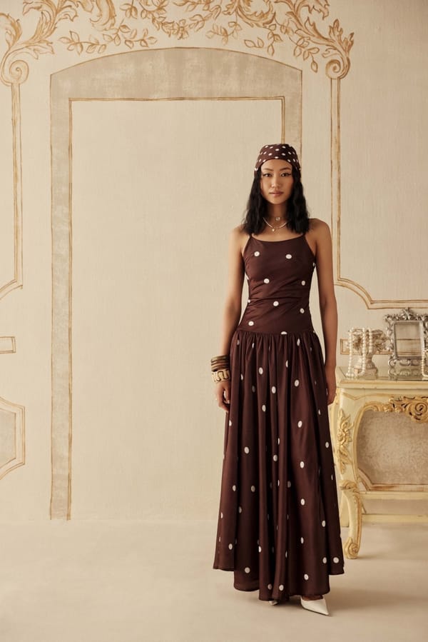 Brown Polka Dot Maxi Dress with Smocked Back — Sage by Mala