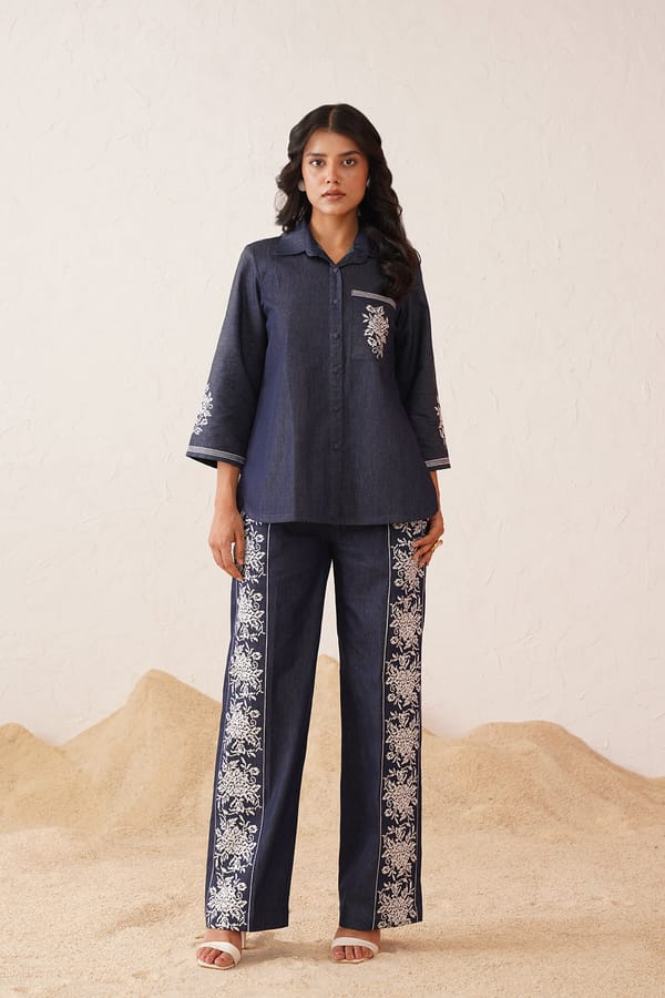 Blue Denim Cross-Stitch Embroidered Co-ord Set — INCHING INDIA