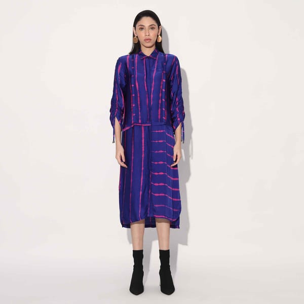 Pink/Purple Shibori Striped Satin Midi Shirtdress — Linetribe