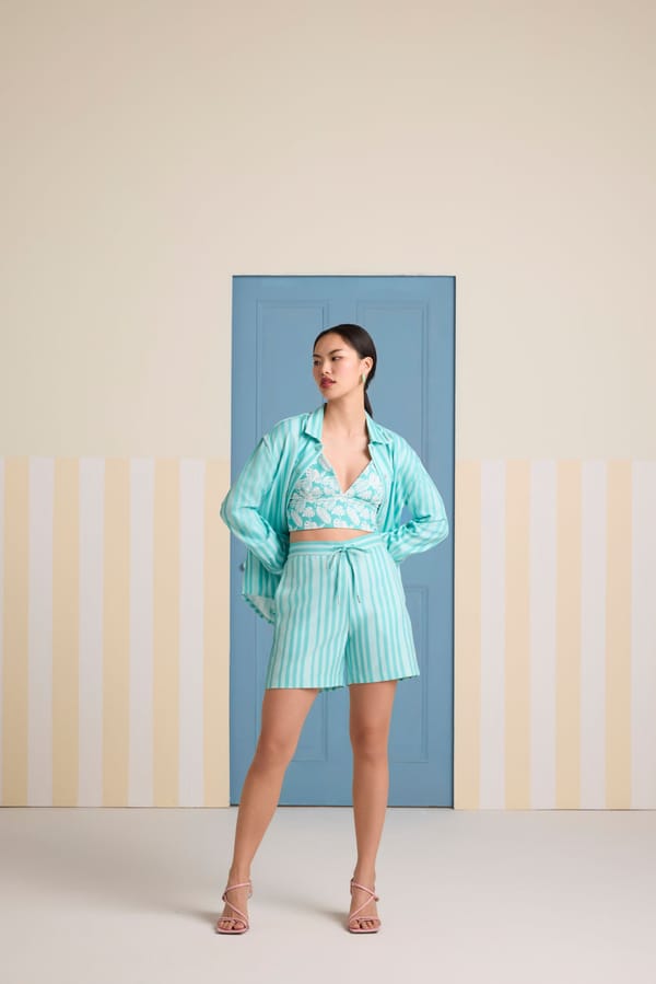 Aqua Striped Shirt, Bralette and Shorts 3-Piece Co-ord Set — Muvazo