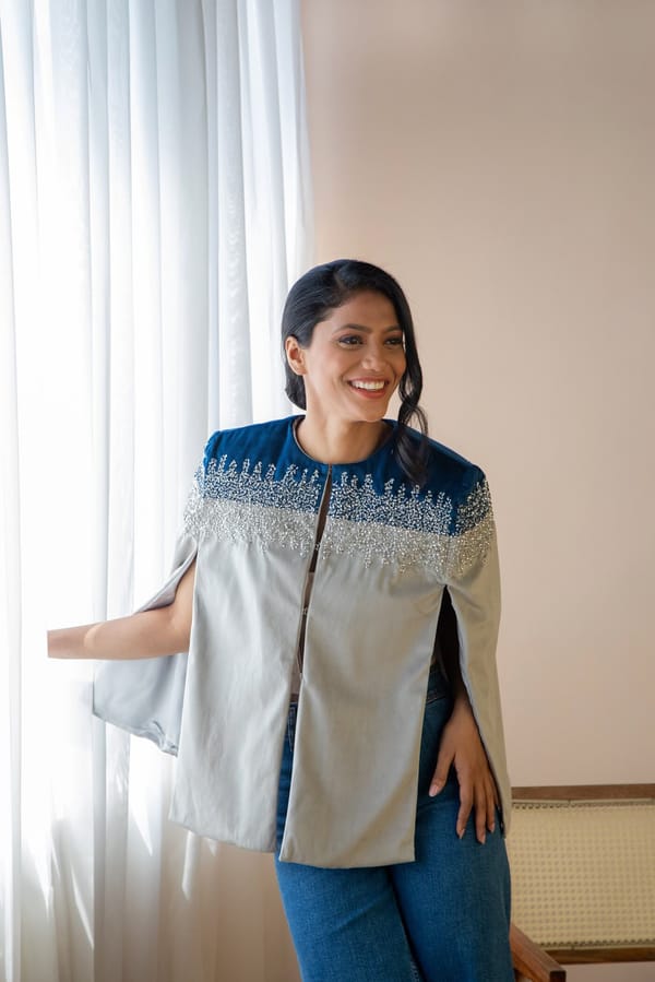 Blue Grey Velvet Embellished Cape — Rhe-Ana