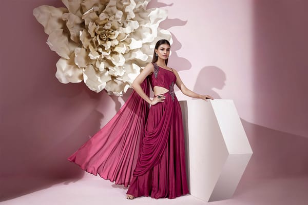 Deep Maroon Chiffon One-Shoulder Drape Maxi Gown — QUNIC