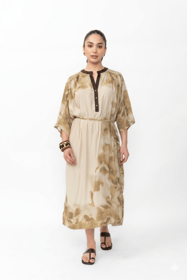 Beige Printed Belted Kimono Sleeve Midi Dress — Contemponari