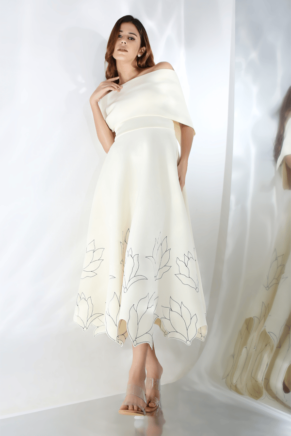 Off White Fit and Flare Midi Dress with Wrap — OZEQO