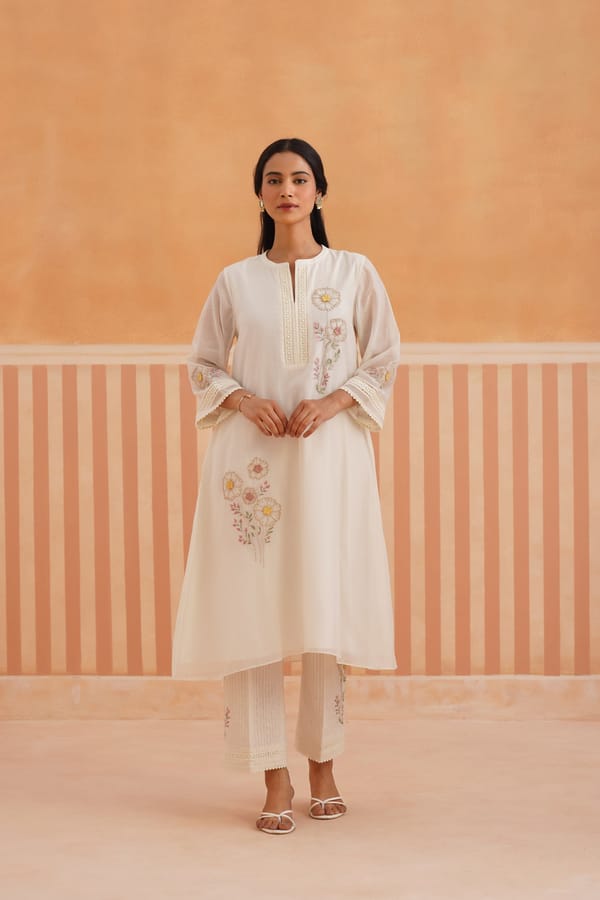Ivory A-Line Embroidered Kurta Set with Lace Trim — Omi Clothing