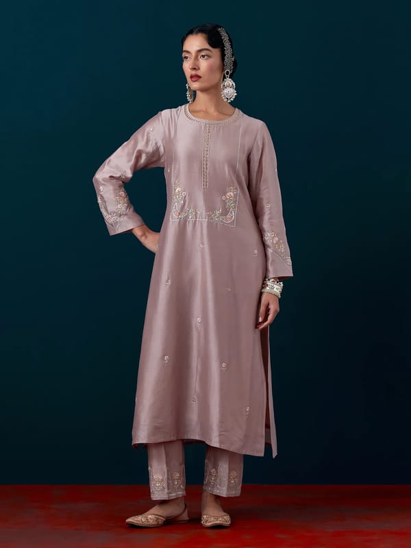 Onion Pink Embroidered Silk Chanderi Kurta Set with Pants — Anantaa