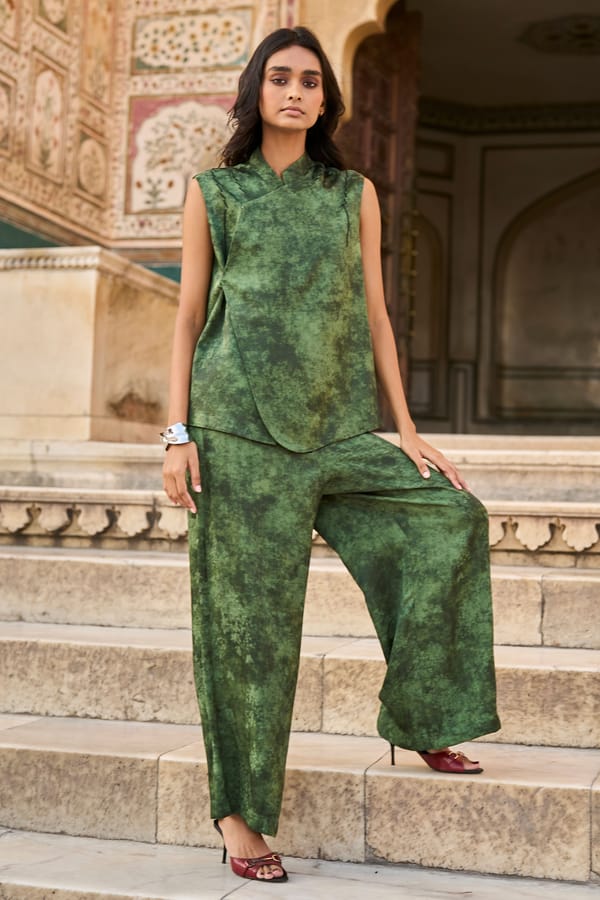 Green Floral Jacquard Wide-Leg Trousers — Dash and Dot