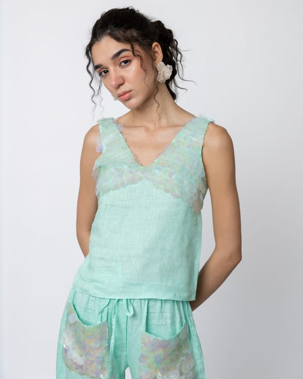 Aquamarine Linen V-Neck Sequin Detail Sleeveless Top — MAGIA