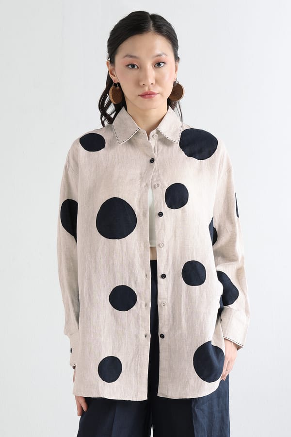 Beige and Navy Polka Dot Linen Longline Shirt — Linen Bloom
