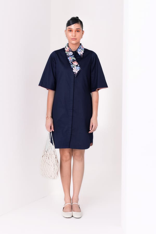 Navy Cotton Satin Mini Shirt Dress with Embroidered Collar — Our Love