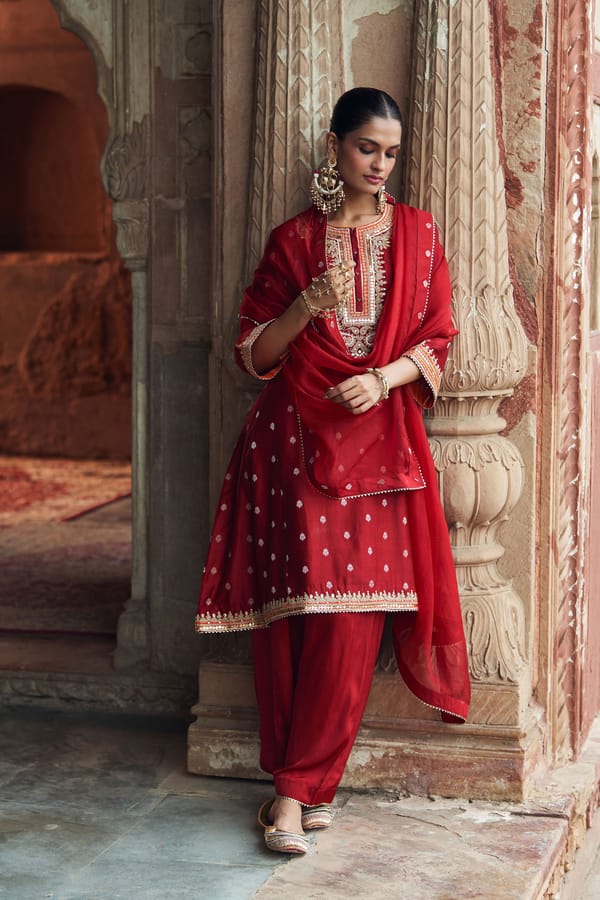 Deep Red Embroidered Flared Kurta Set with Salwar — Sheetal Batra
