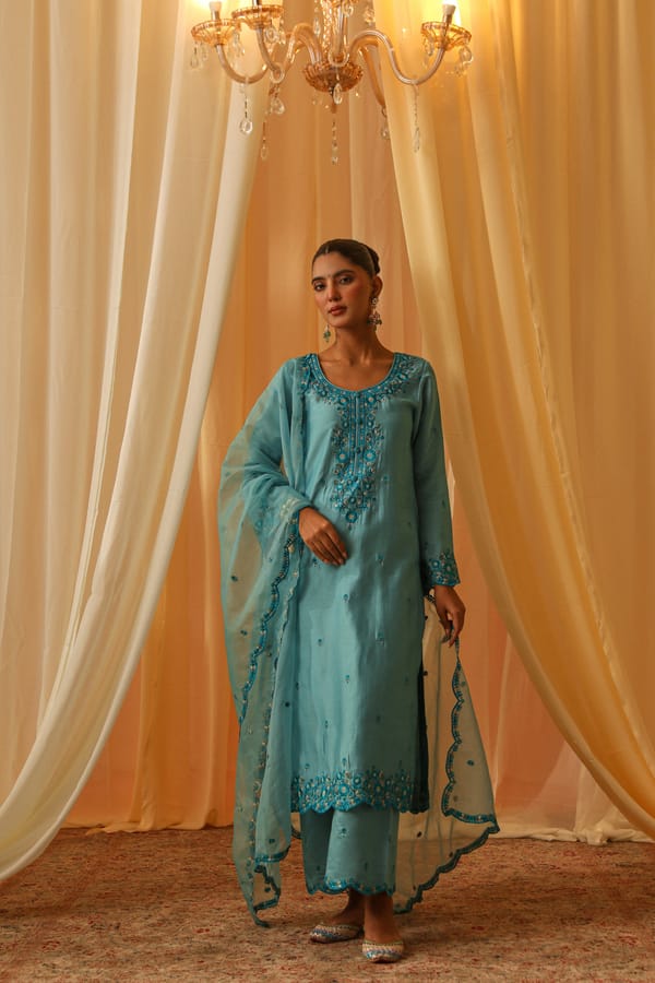 Blue Chanderi Embroidered Straight Suit Set with Dupatta — NARAYANI VASTRA