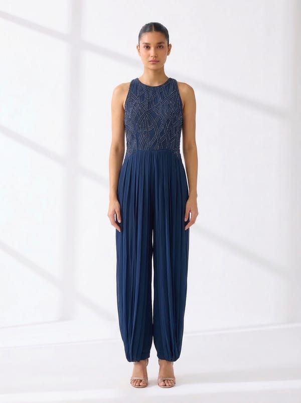 Navy High-Neck Embellished Pleated Jumpsuit — The Grey Dot