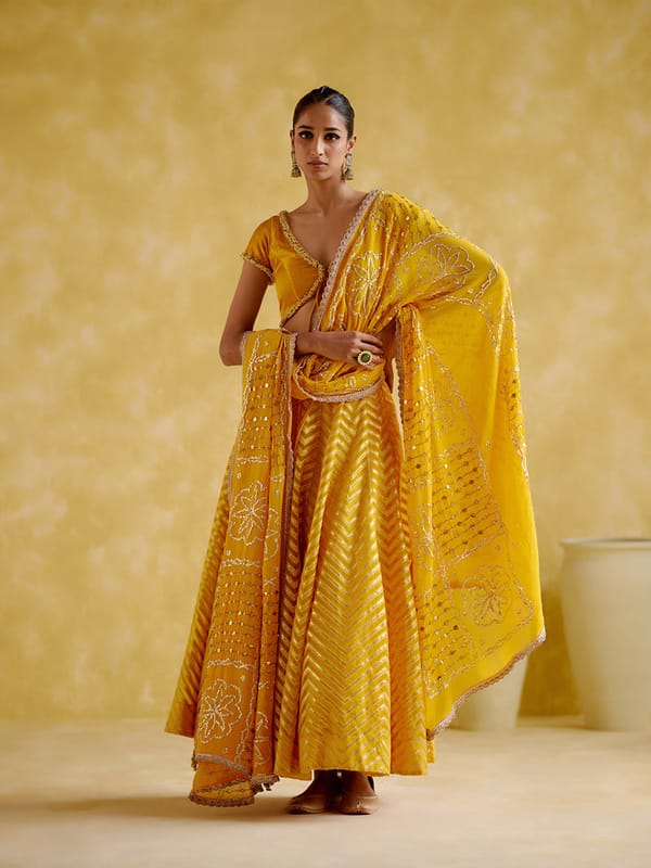 Yellow Organza Lehenga Set with Lurex Zigzag Work — 5 Elements