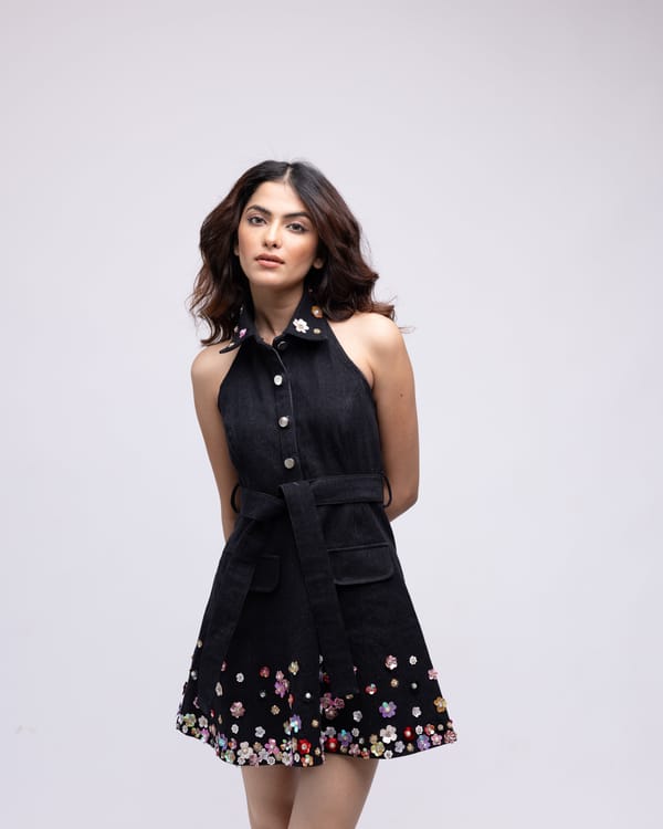 Black Denim Halter Mini Dress with Embellished Hem — MAGIA