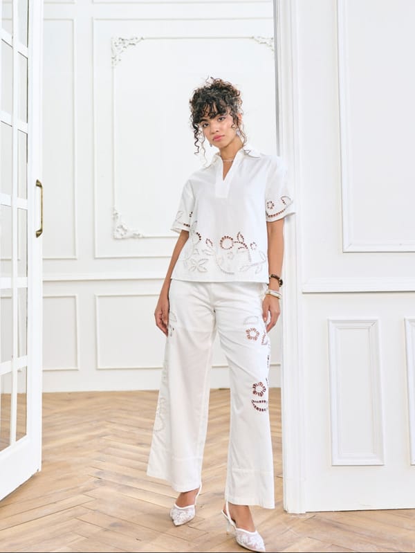 White Wide-Leg Cutwork Embroidered Trousers — Style Island