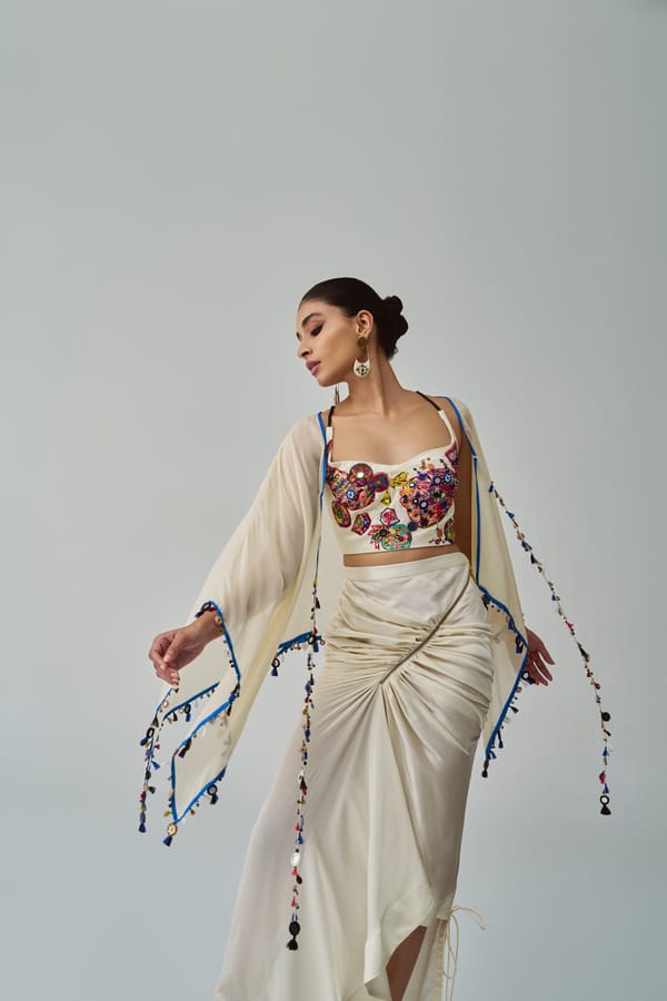 Ivory Satin Mirror Work Sweetheart Neck Crop Blouse — Saaksha and Kinni