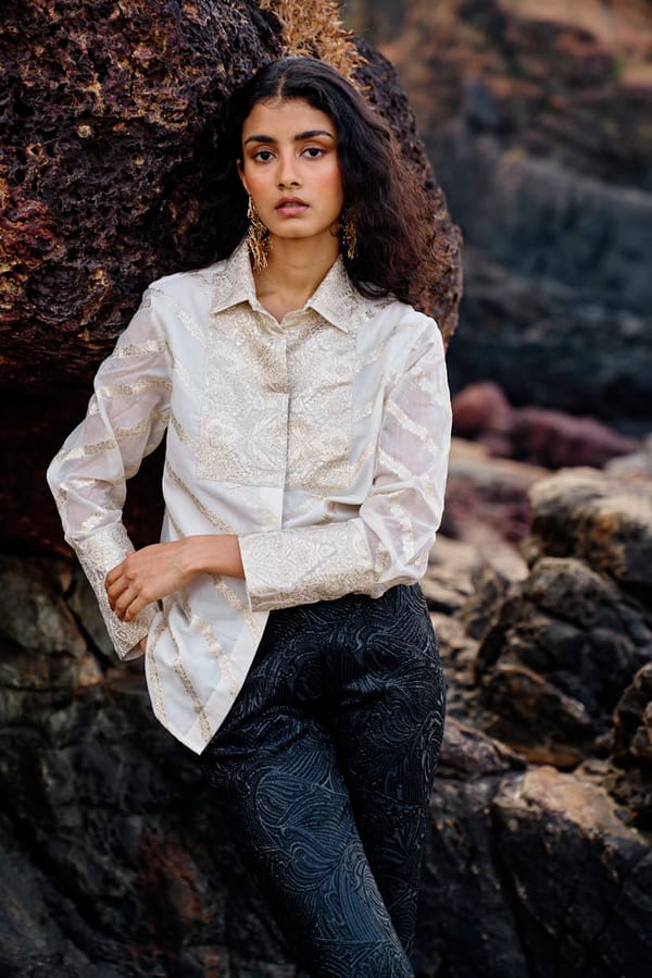 Ivory Brocade Chanderi Shirt with Concealed Placket — Dash and Dot