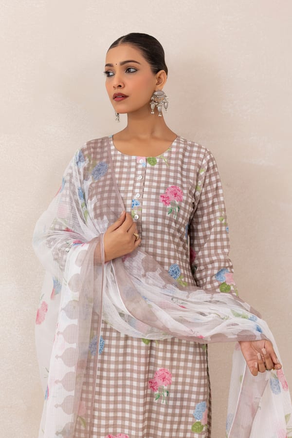 Mushroom Grey Checked Floral Print Cotton Kurta Set — CHHIPA JAIPUR