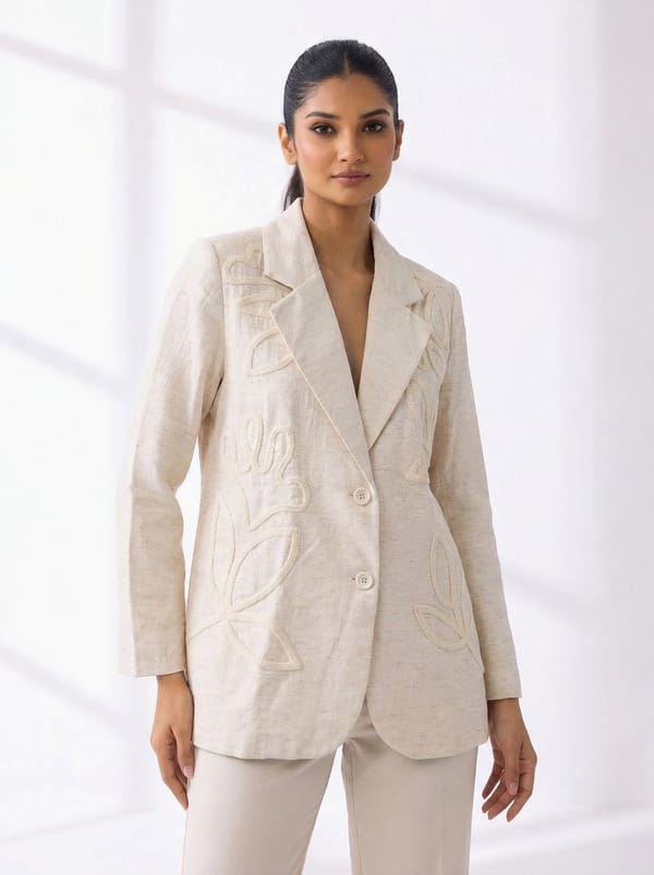 Natural Tonal Embroidered Cotton Blazer — AYRISS