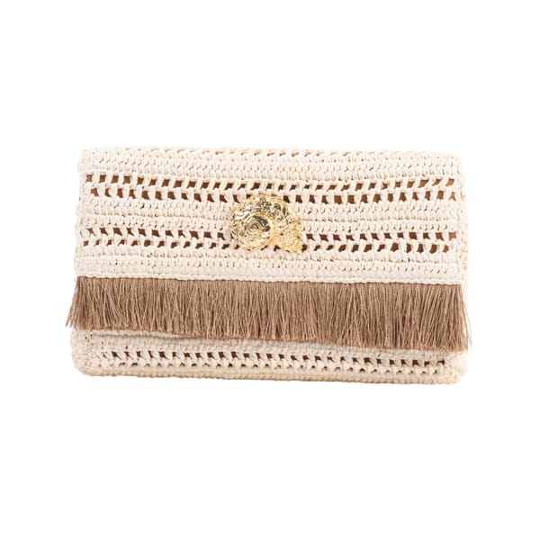 Jena Off White Slim Raffia Clutch With Gold Emblem — Jena Luxury