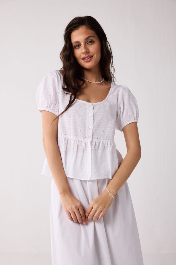 Embroidered Peplum Top with Puff Sleeves — REISTOR