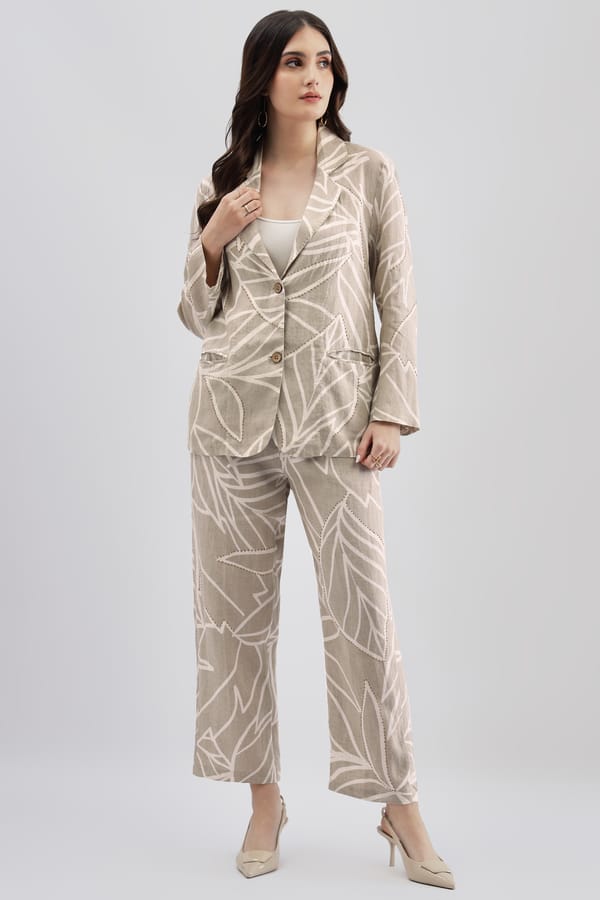 Beige Linen Printed Blazer and Wide-Leg Pants Co-ord Set — Linen Bloom