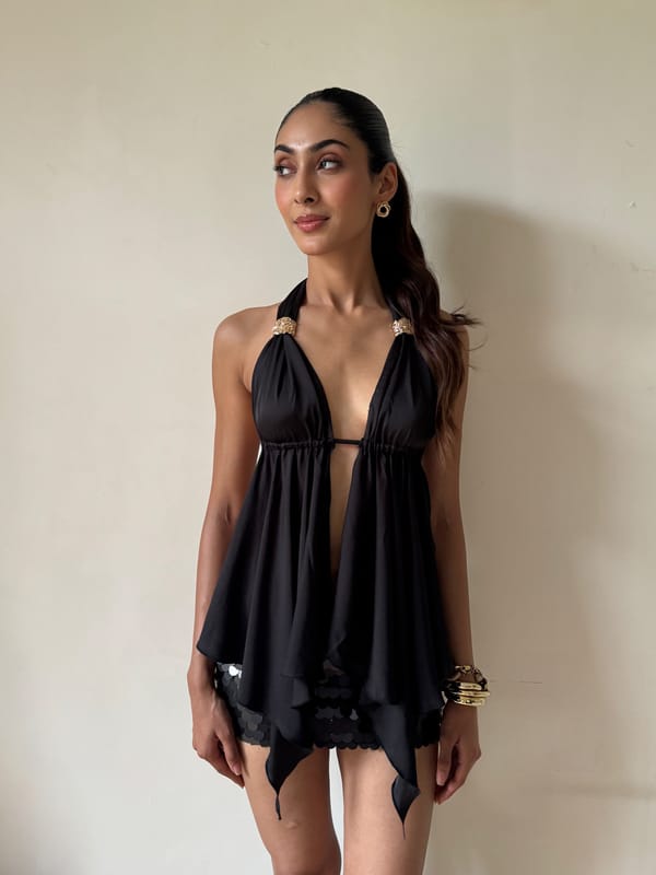 Black Halter Backless Tie-Up Flowy Satin Top — The clothing factory