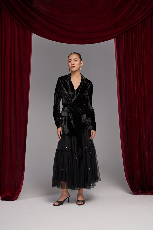 Black Velvet Blazer and Sequin Maxi Skirt Co-ord Set — BELONG