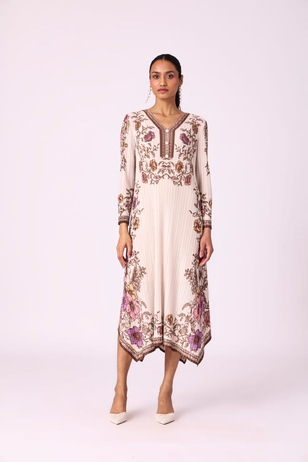 Beige Pleated Floral Midi Dress with V-Neck Placket — Scarlet Sage
