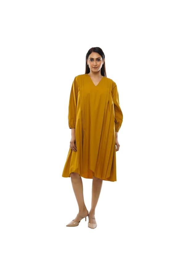 Mustered Cotton V-Neck Dress — Khat