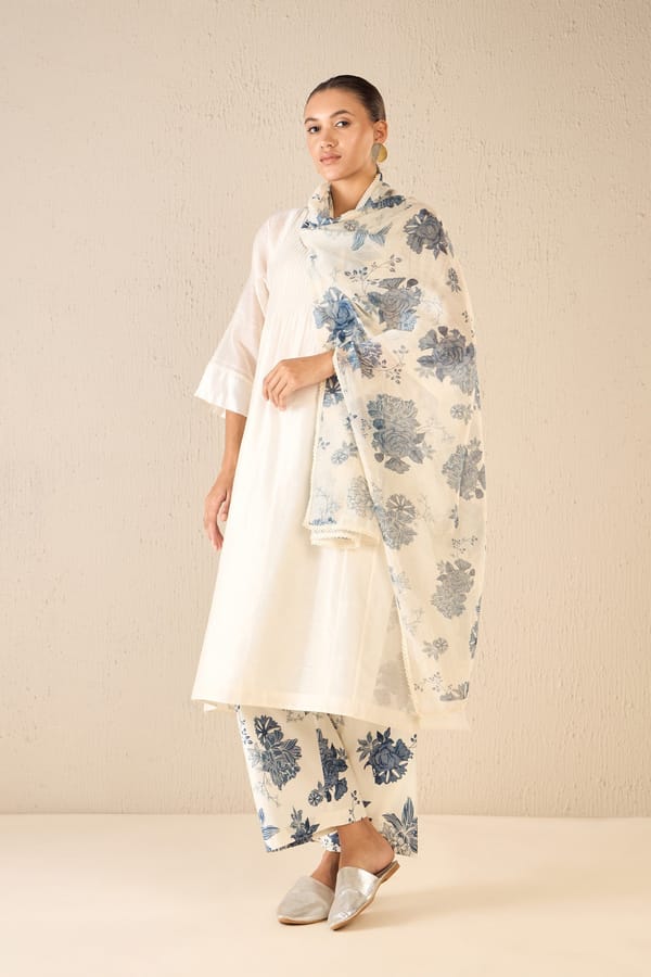 Floral Odyssey: Ivory Pintuck Chanderi Choga Set — SHIVANI BHARGAVA