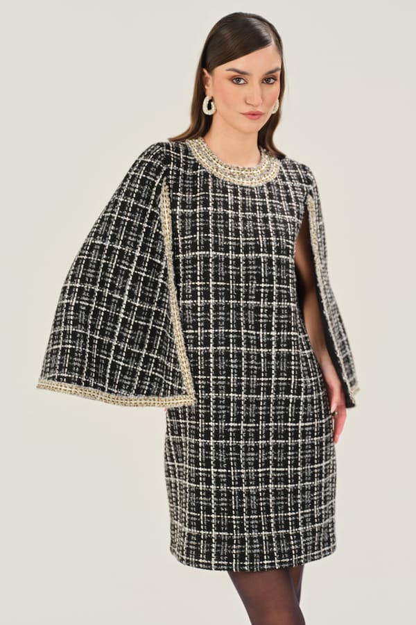 Black Metallic Plaid Tweed Cape Mini Dress — BOHO-CHIC