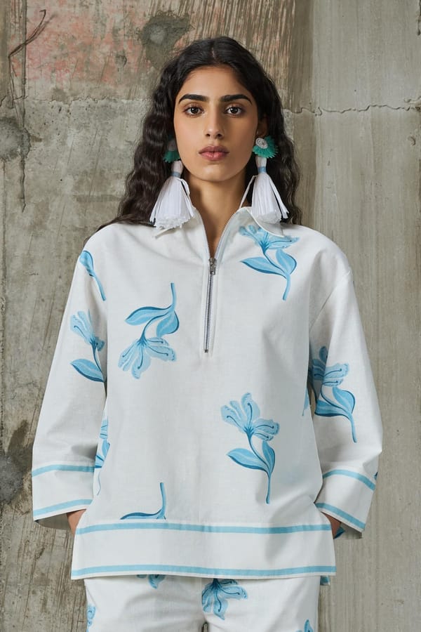 White Linen Oversized Kaftan Top with Blue Floral Print — Pocketful Of Cherrie