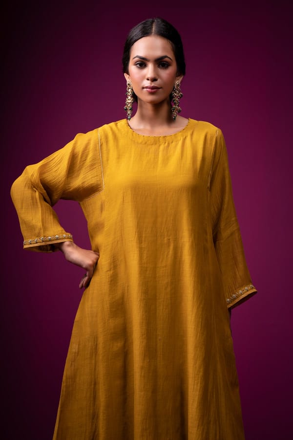 Mustard Yellow Hand Embroidered Choga Kurta Set — Trendy Tokari
