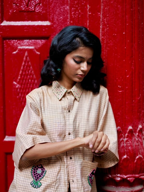 Natural Honey Tone Checked Oversized Shirt with Embroidery — Winglore Studio