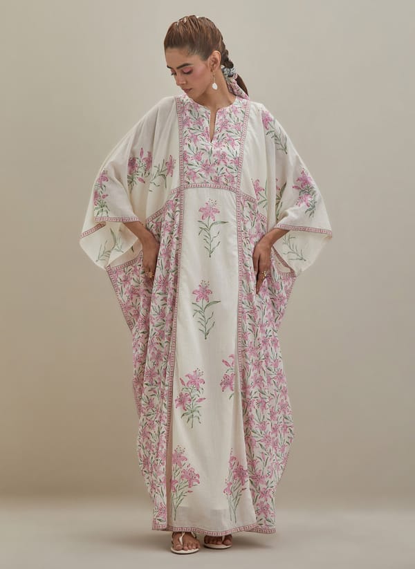 Off White Cotton Kaftan Block Print — Upavita