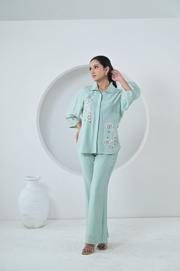 Sea Blue Linen Embroidered Shirt and Pant Co-ord Set — RUCHIKA MALLIKA LABEL