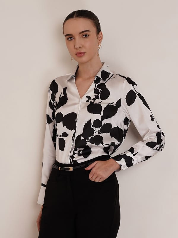 White Satin Black Floral Print Shirt — Fable Street