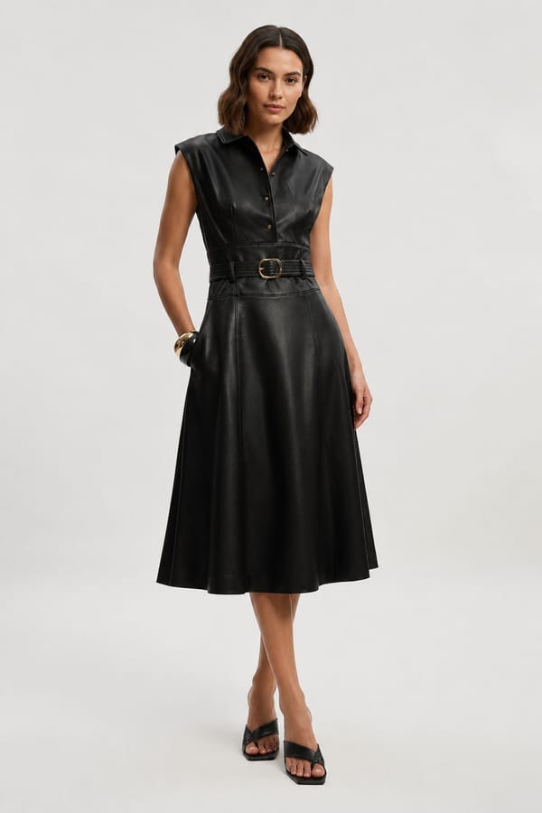Black Faux Leather Belted Collared Midi Dress — KAREN MILLEN